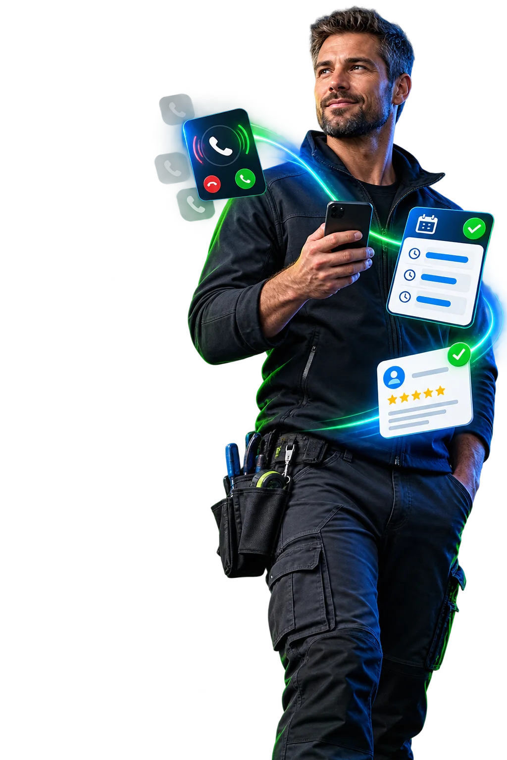 Home-service professional holding a phone with lead response and booking graphics